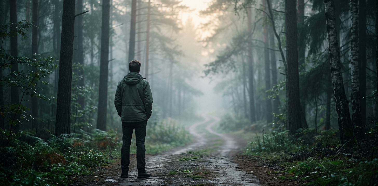 Одинокая фигура в утреннем тумане лесной тропы