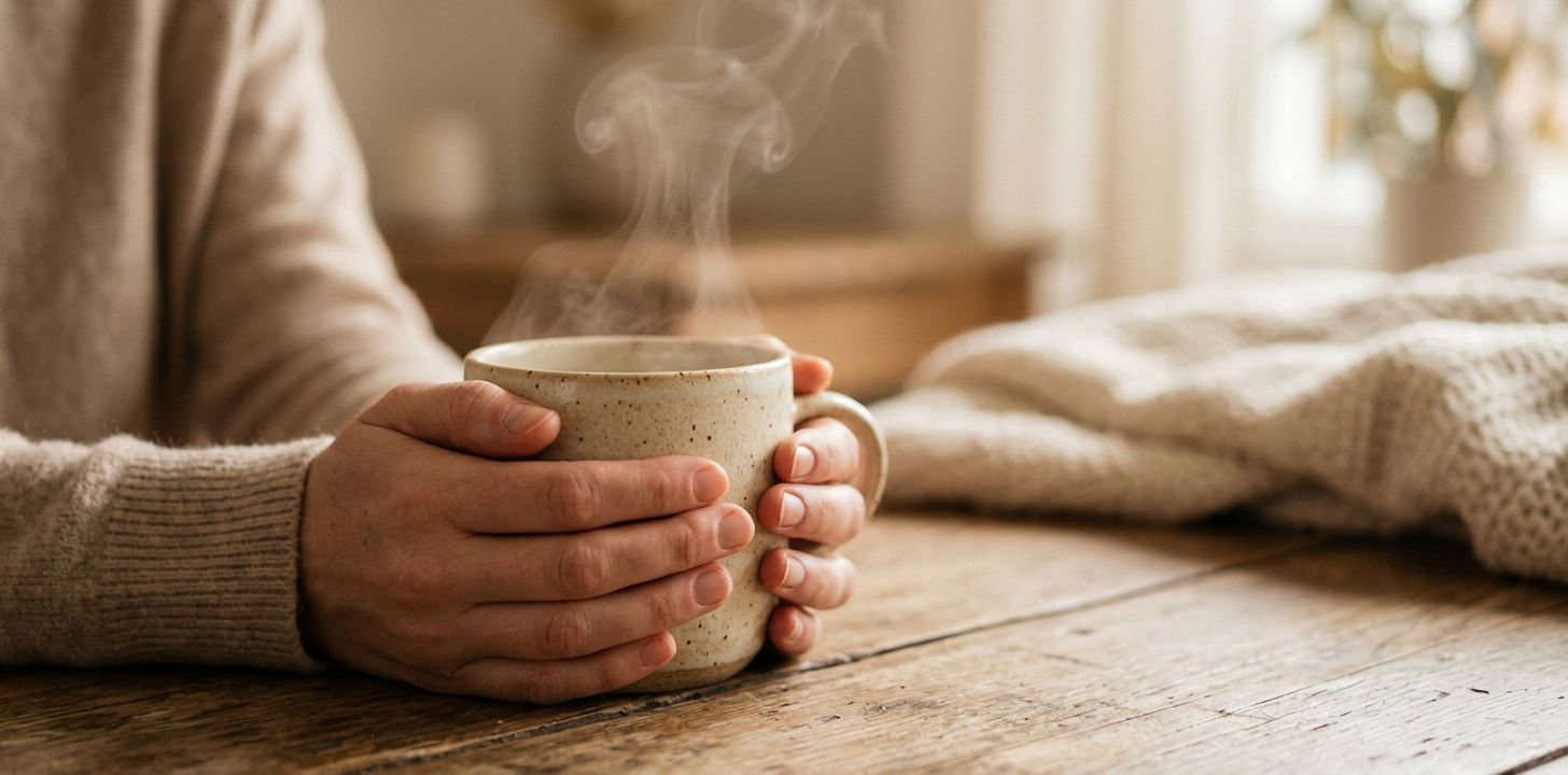 Ладони обнимают тёплую кружку с паром
