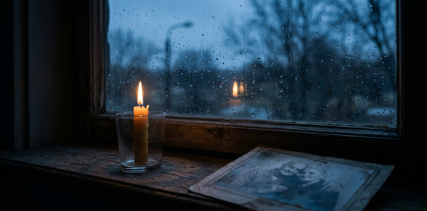 Свеча на подоконнике, дождь за окном