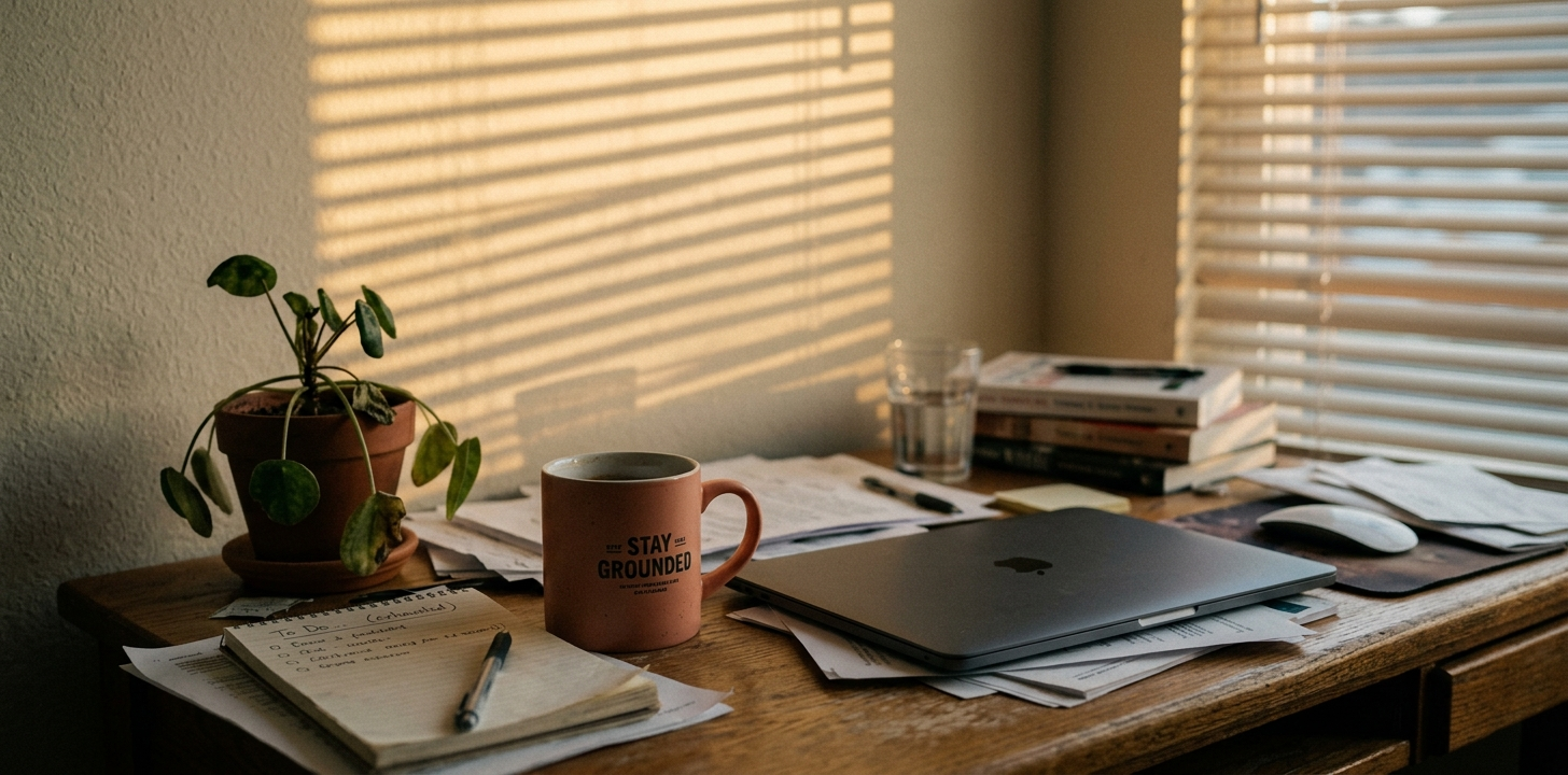 Остывший кофе, закрытый ноутбук, жалюзи